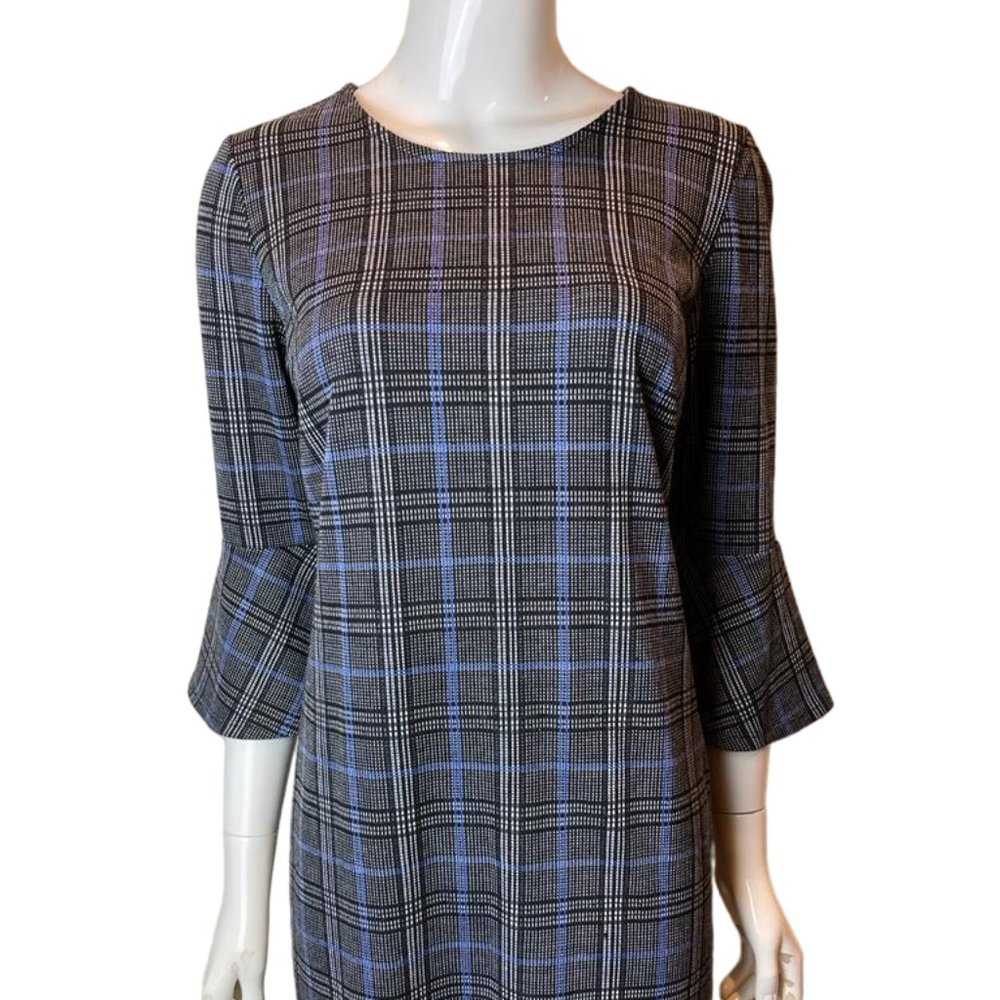 Tacera Womens Check Shift Dress Bell Sleeves Back Zip Black Blue Size Small